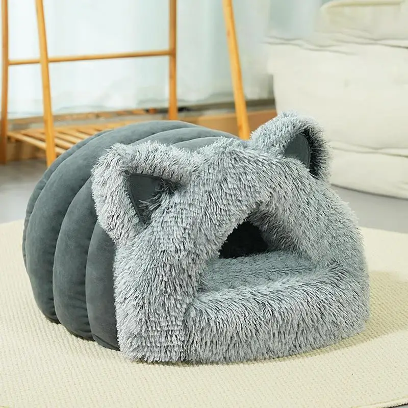 Plush Hooded Cat Bed Cave with Cat Ears