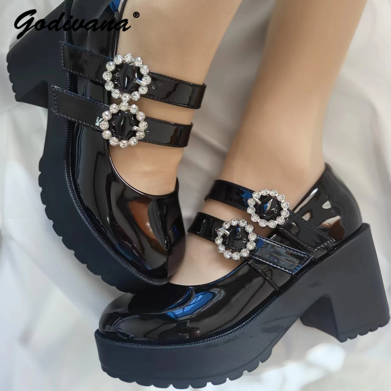 

Japanese Ins Rhinestone Double Buckle Mary Jane Chunky Heel Women's Black Patent Leather High Heels Vintage Jk Uniform Shoes