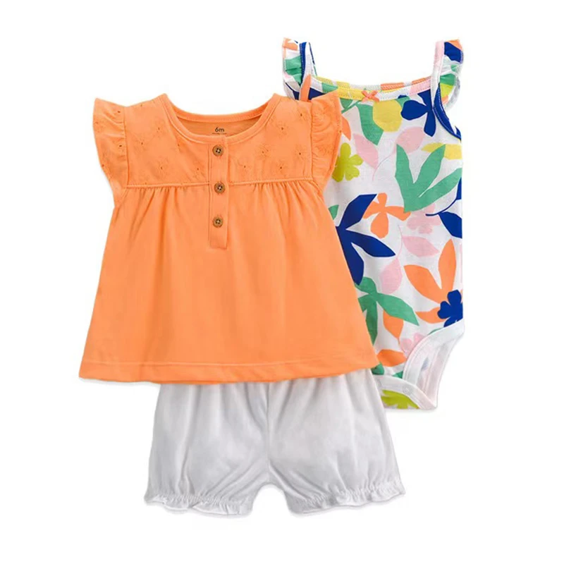 Summer Baby Girls Clothes Set Cotton Flower Fashion Infant Outfits Short Sleeved Bodysuit Shorts 3Pcs kids Clothing 6-24 Months