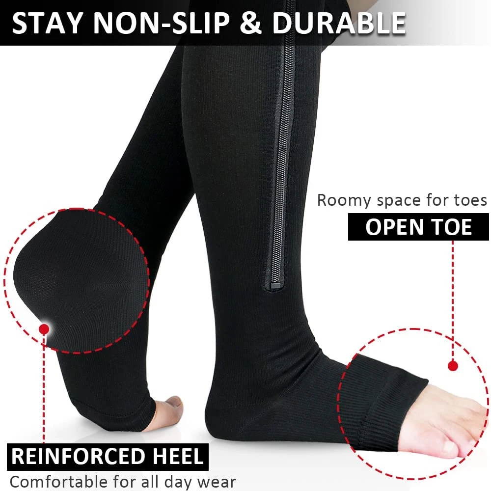 1Pair Zipper Compression Socks, Calf Knee High Open Toe