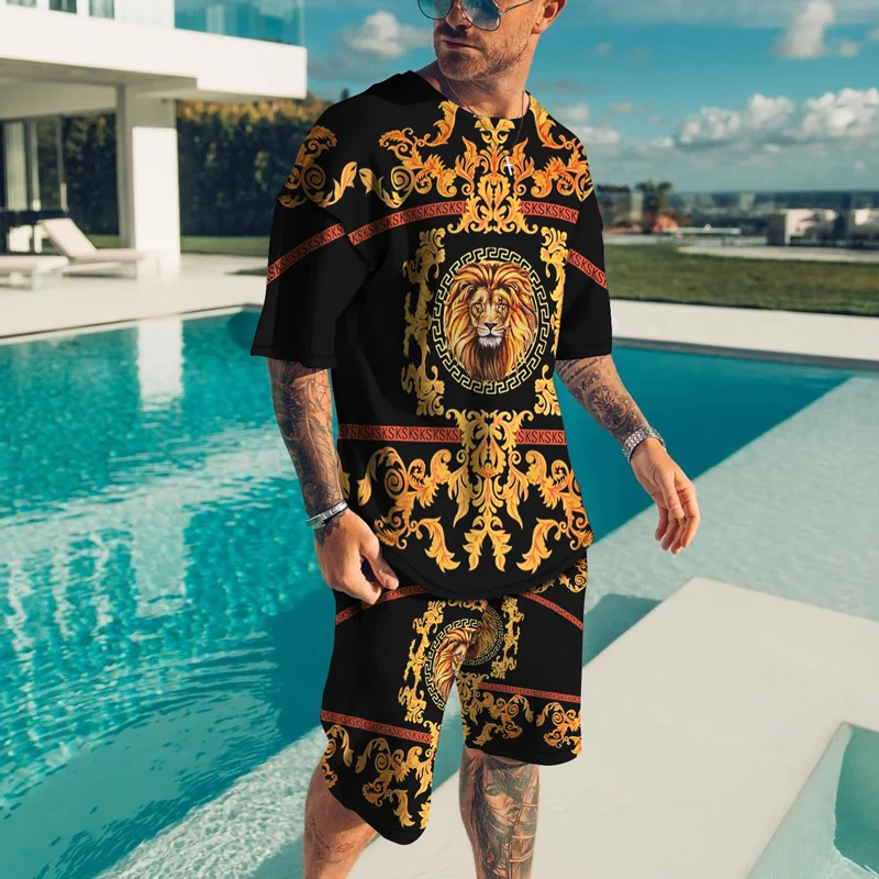 Summer Golden Lion 3D Printed Tees/Shorts/Suit Men's Casual Graphic T-Shirt Two Piece Set Hip Hop Fashion Short Sleeve Tracksuit