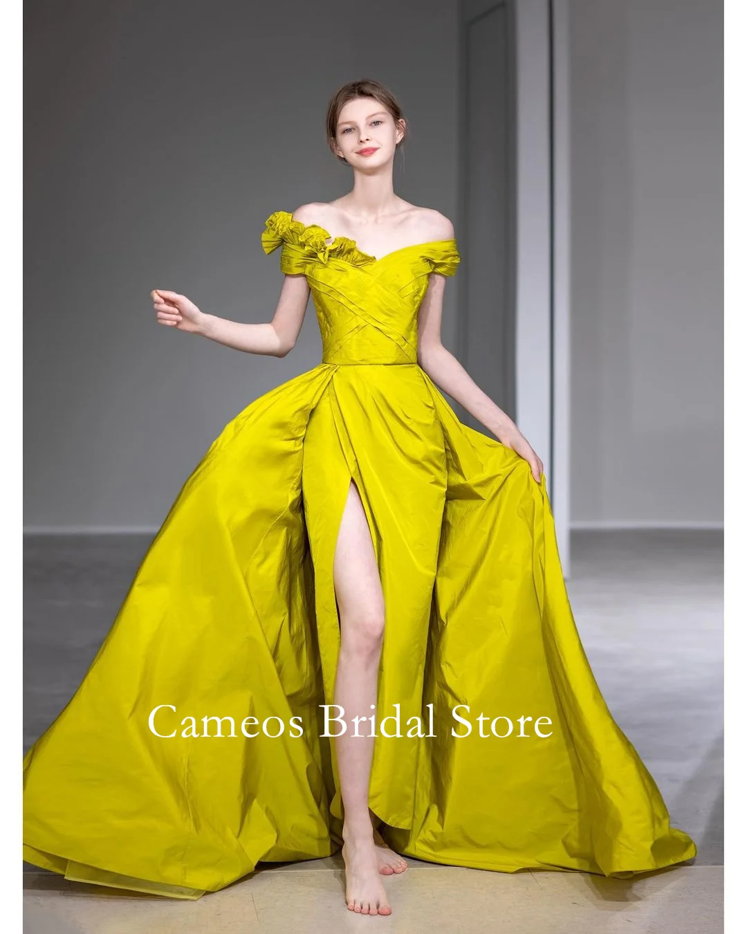 

SONDR Ruffles Korea Off-Shoulder Evening Dress Custom Made Formal Prom Dress Taffeta Yellow 웨딩드레스 Occasion Party Evening Gown