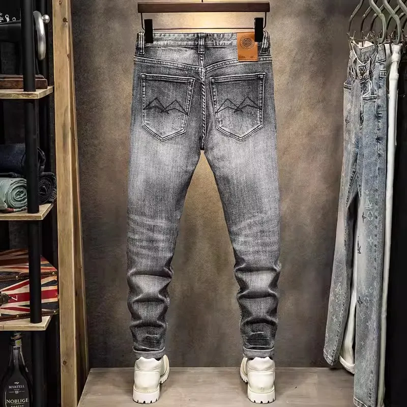Fashion Designer Men Jeans High Quality Retro Dark Gray Stretch Slim Fit Vintage Jeans Men Classical Trendy Denim Pants Hombre