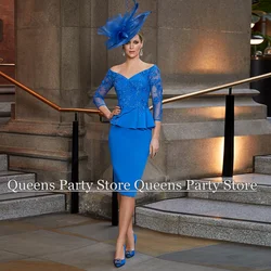 Royal Blue Mother of The Bride Dress Custom Made V Neck 3/4 Sleeves Applique Tea Length Sheath Short Wedding Guest Gown