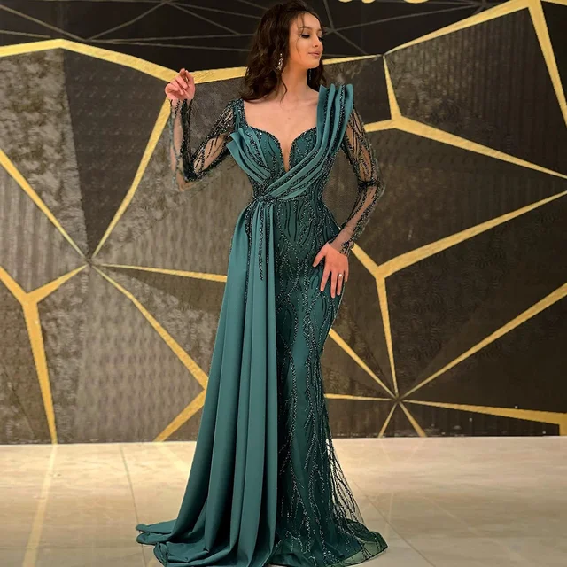 Seun Long Sleeves Emerald Beads Mermaid Gown