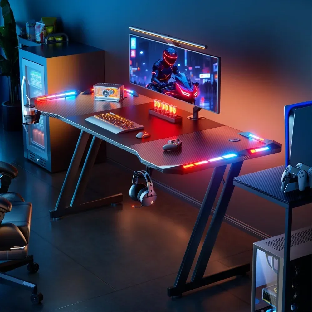 47 Inch Gaming Desk with LED Lights Carbon Fibre Surface Gaming Table Large Computer Desk Ergonomic Home Office Desks Z Shaped