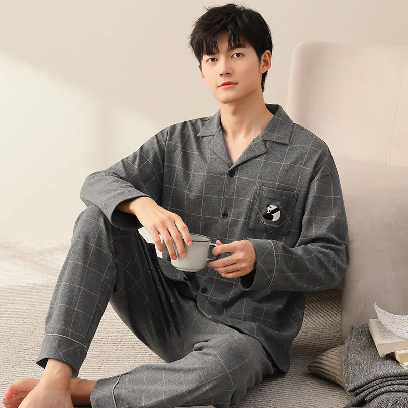 

Autumn Pajama Set Male Full Cotton Sleepwear Home Clothing Long Sleeves Spring Cardigan Tops + Long Pants Leisure Pyjamas Suit