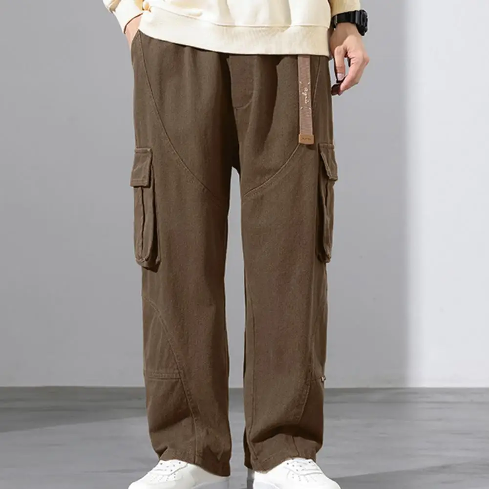 

Men Pants Wide Loose Solid Color Multi Pockets Deep Crotch Elastic Waist Soft Breathable Streetwear Men Long Trousers