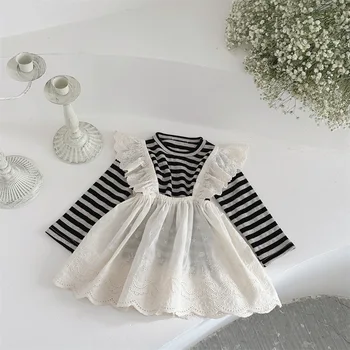 طقم ملابس أطفال ربيعي تي شيرت مخطط بأكمام طويلة + فستان دانتيل سهل الارتداء طقم مكون من قطعتين للفتيات من سن 0 إلى 3 سنوات 3