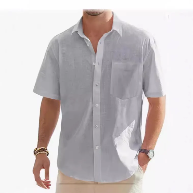 Men's Cotton Linen Short Sleeve Shirt Premium Casual Button-Down Shirt w/Pocket 5