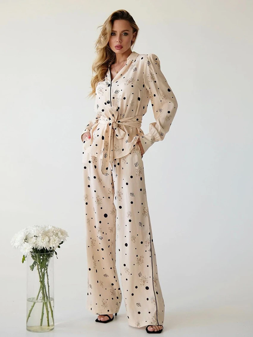 Marthaqiqi Printing Causal Femme Pajamas Suit Long Sleeve Sleepwear Turn-Down Collar Pajama Lace Up Nightie Pants Nightgowns Set