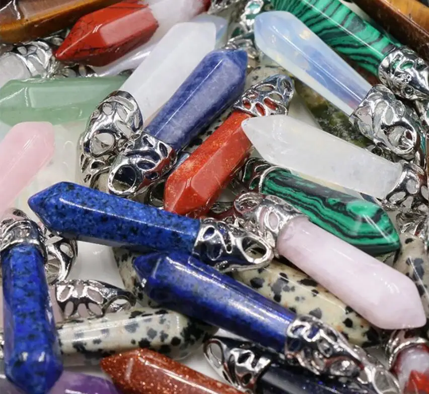 Natural Stone 9*38mm hexagonal pyramid Amethyst Aventurine Rose Quartz Crystal Agates Pendant Charms Diy Necklace