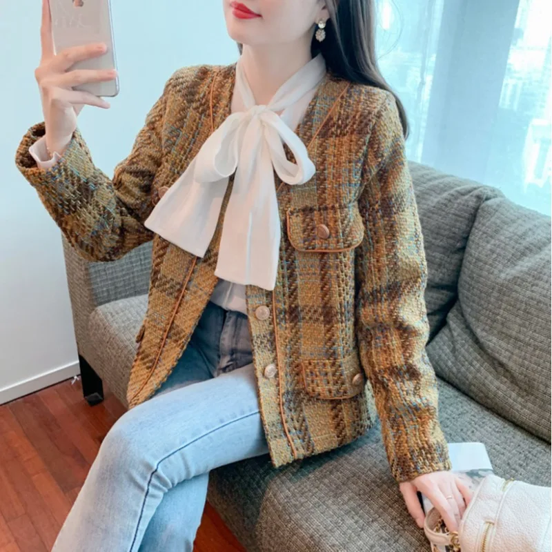 

Женское шерстяное пальто в клетку, свободное однобортное пальто в стиле ретро, Осень-зима 2022