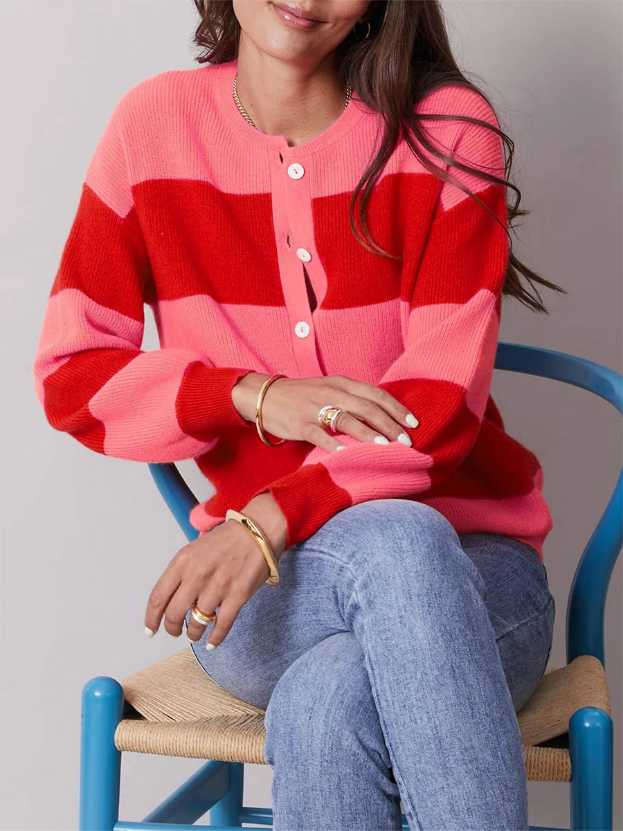 Ladies Cable Knit Sweater Coat with Pockets Long Sleeve Button Down Cardigan Winter Warm Contrast Color Jacket