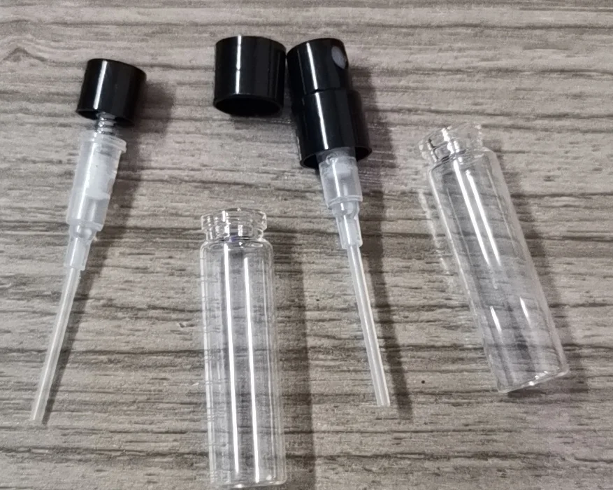 투명한 검은색 분무기 샘플 향수병, 총검 유리병, 2ml, 2.5ml, 400 개/로트