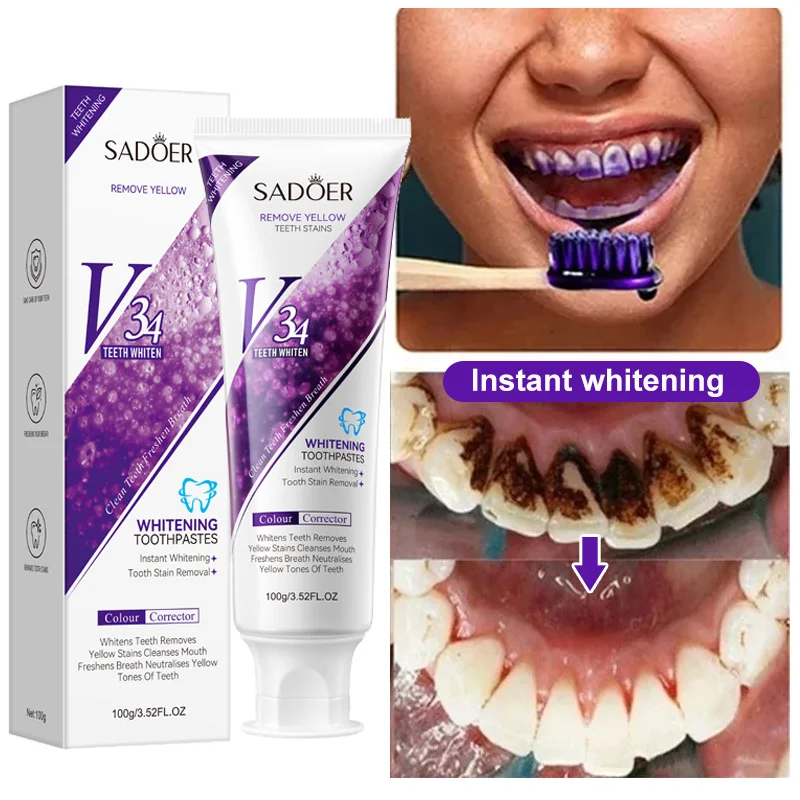 V34 Purple Whitening Toothpaste Remove Yellow Stains Gel Dental Plaque Bleaching Cleaning Oral Hygiene Brighten Tooth Care Tools teeth whitening product teeth whitening essence teeth health product