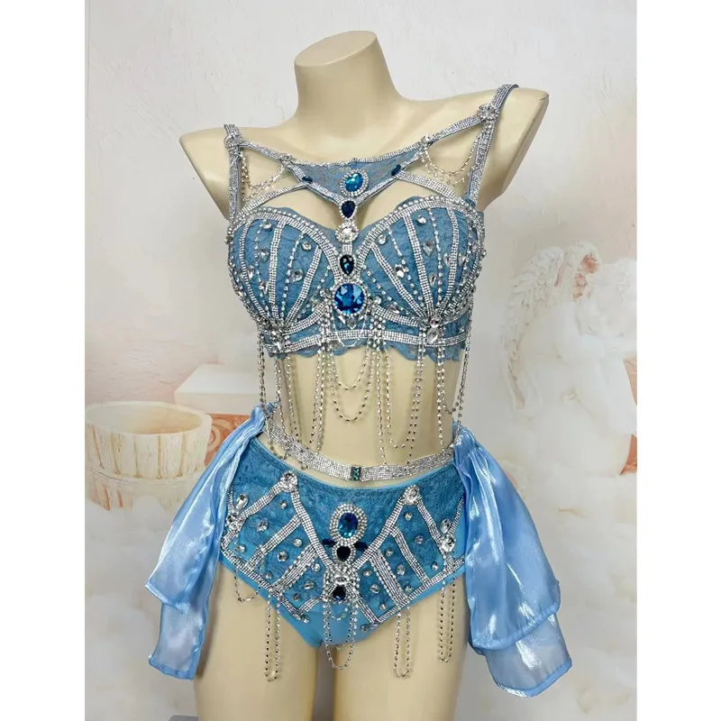 

Sexy Blue Rhinestones Chains Bikini DJ Gogo Pole Dance Costume Club Party Show Rave Outfit Dancer Singer Performance Stage Wear