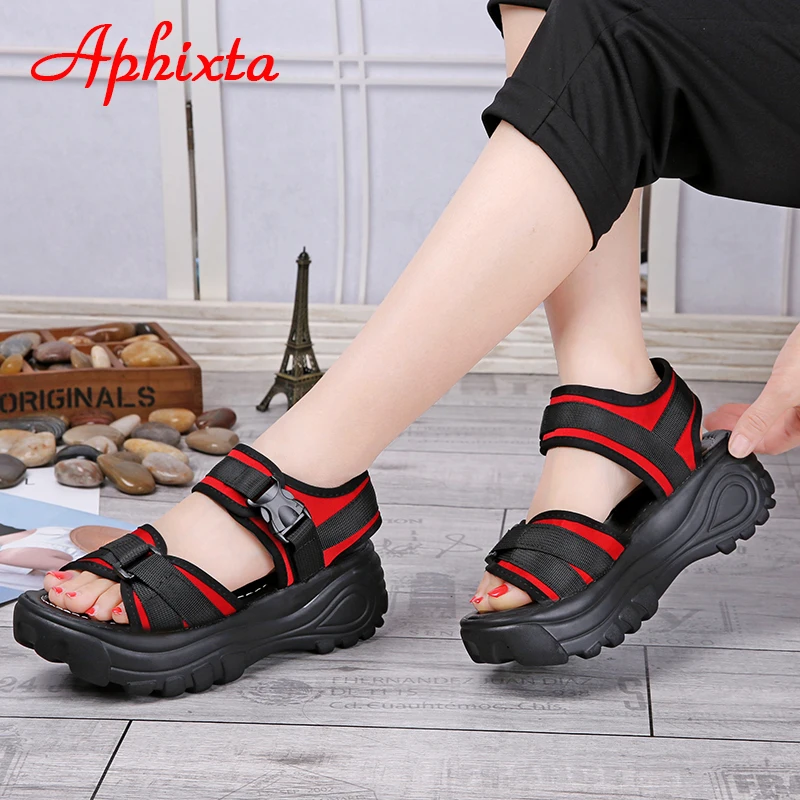Aphixta 6cm/2.36 inch Summer Platform Buckle Sandals Women Height Increasing Thick Bottom Canvas Women Shoes Slides