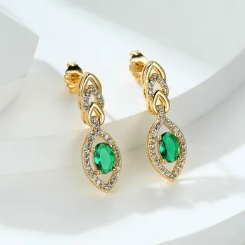 Luxury Crystal Hollow Stud Earrings Vintage Gold Color Small Green Zircon Oval Stone Jewelry For Women
