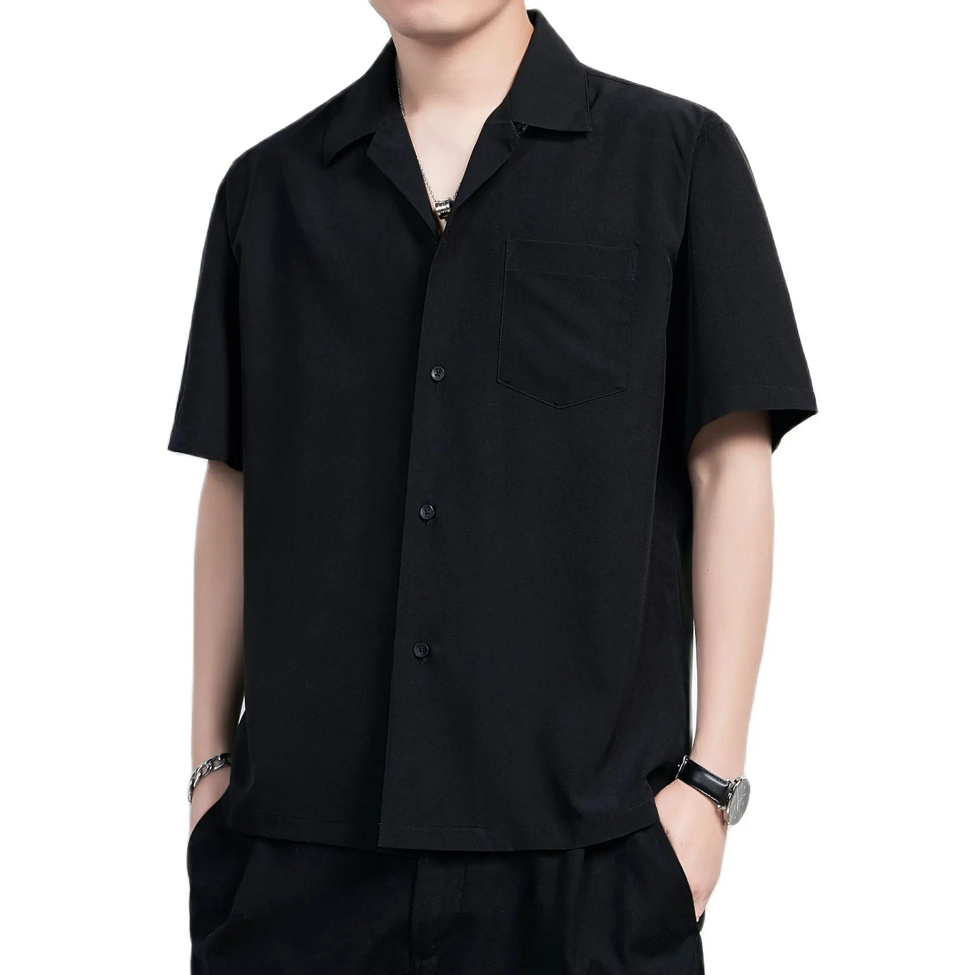 Short Sleeve Cuban Collar Casual Shirt Summer Solid Color Harujuku Shirts for Men Korean Clothes Camisas Para Hombre White Black men casual shirt