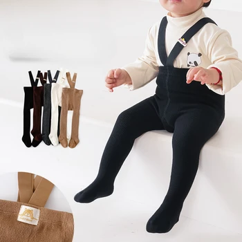 Newborn Baby Boys Girls Pantyhose Solid High Waist Ribbed Knit Tight Infant Spring Autumn Strap Leggings 1