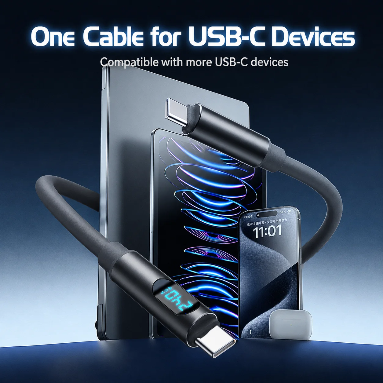 High-Speed 240W USB-C Fast Charging Cable with Digital Display - Soft Silicone Type-C Charger Cord