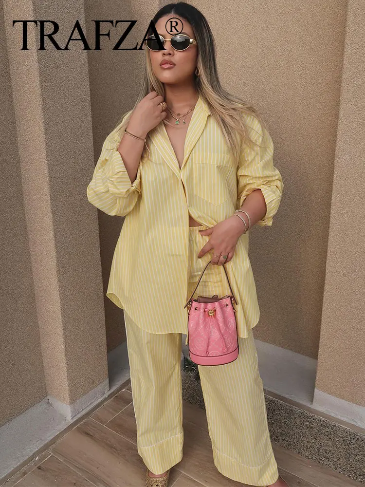 HH Women Yellow Striped Blouse Pant Sets Casual Button Long Sleeve Shirt Loose Drawstring Straight Trousers Streetwear Suit