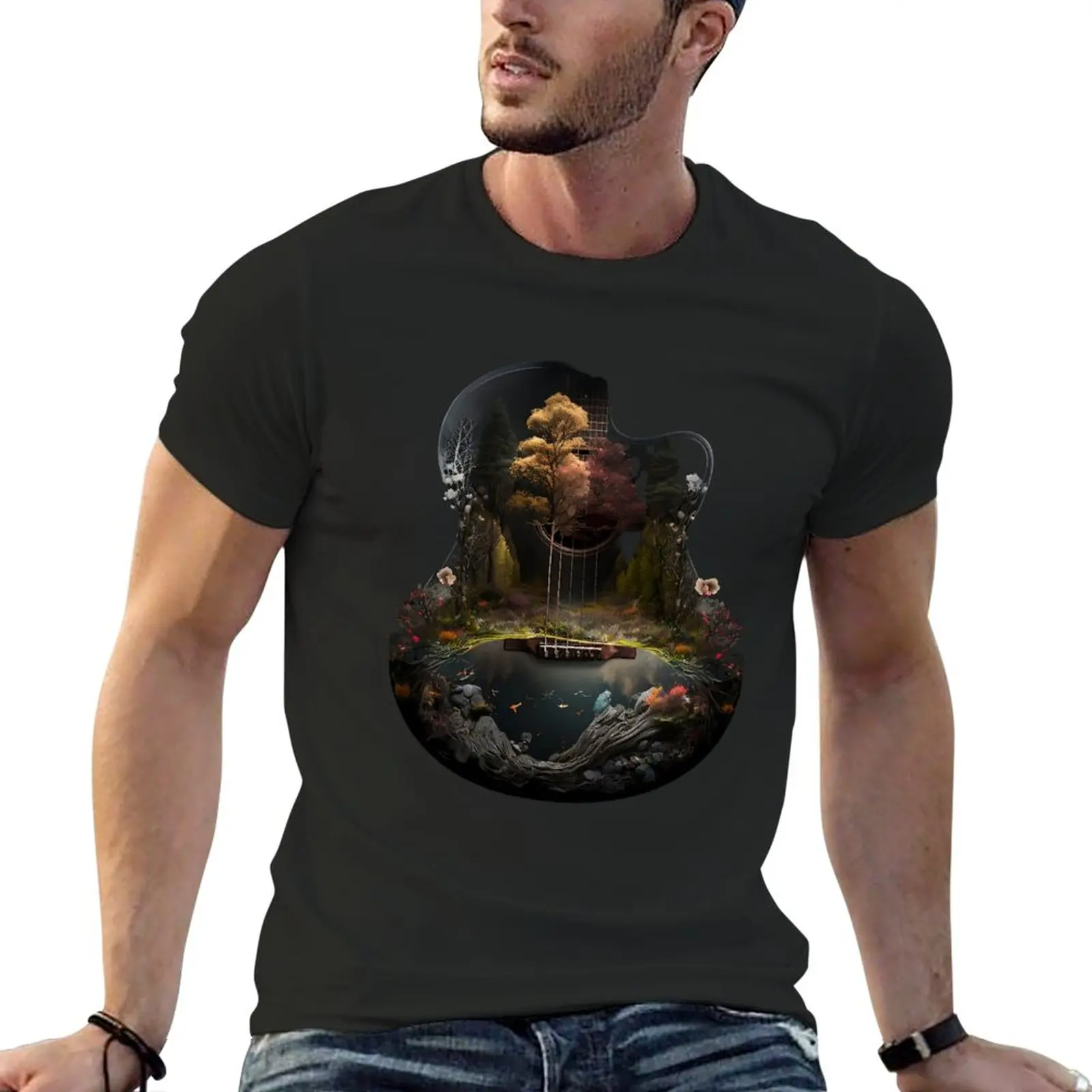 

New Fusion of Guitar and Nature - Night T-Shirt shirts graphic tees Short sleeve tee korean fashion mens plain t shirts