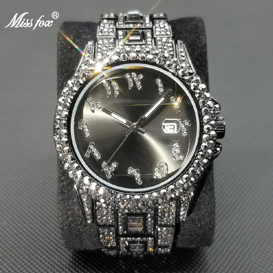 

New Black Ice Out Men's Watches Luxury Brand Moissanite Stainless Steel Watch Fashion New Automatic Date Relogio Masculino Gift