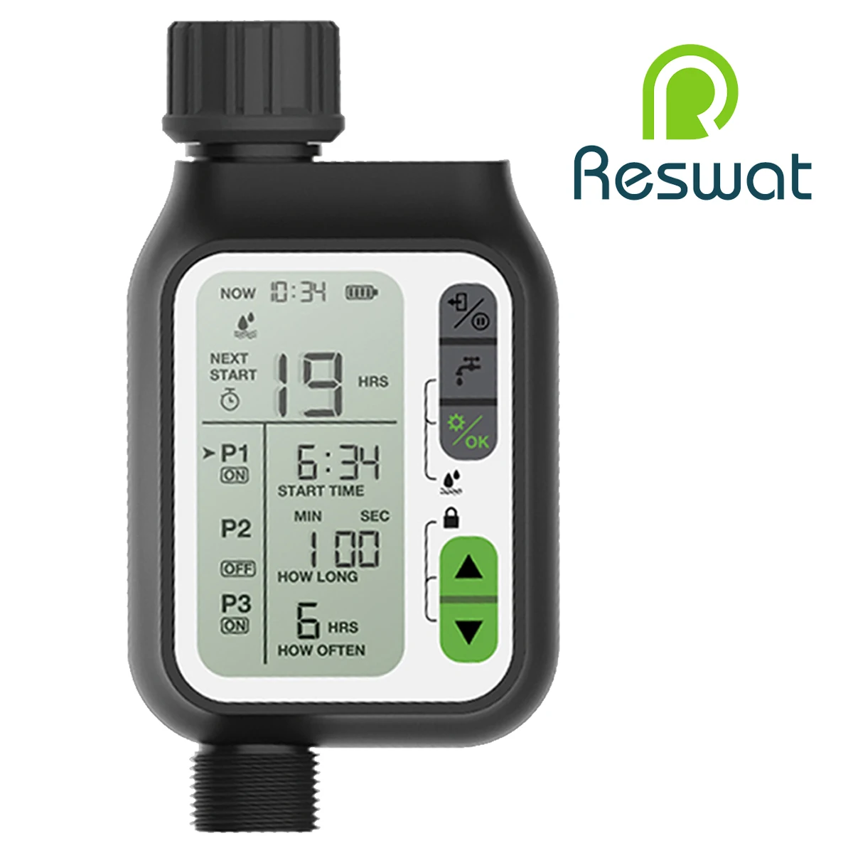 Reswat HCT-355 관개 워터 타이머, 정원 드립 액세서리, 스프링클러 타이머 프로그램 세트, 스마트 레인 센서, 사계절 사용