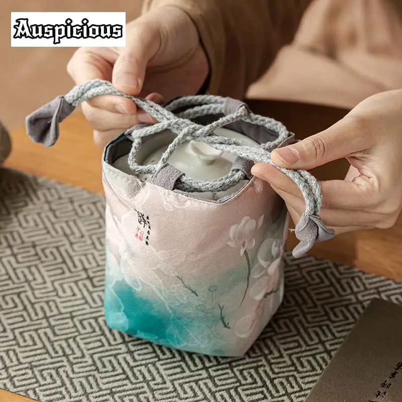 Zen Lotus Cotton and Linen Portable Thickened Tea Cozies Elegant Tea Cozy for Teapot Hand Bag Travel Set Bag Ceremony