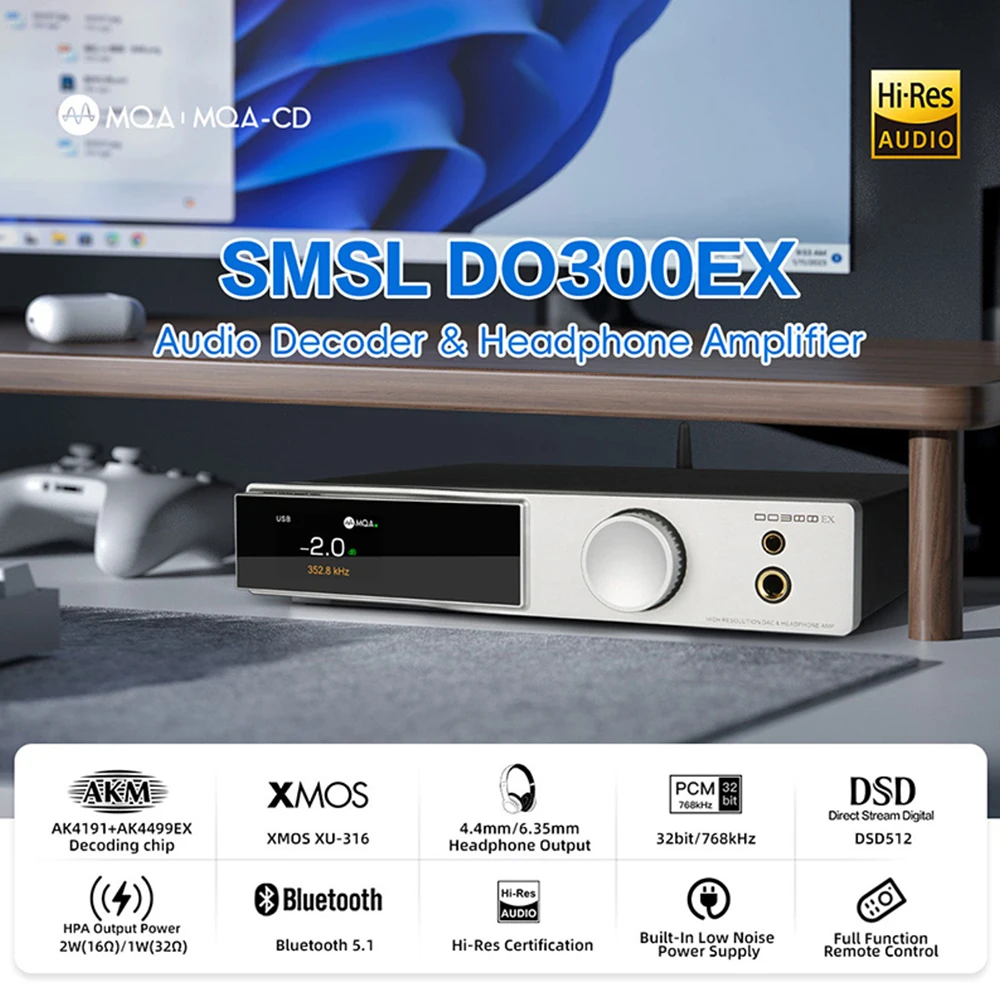 

SMSL DO300EX HIFI Headphone Bluetooth Audio USB C DAC AMP Amplifier Dongle XLR RCA 4.4/6.35mm Headphone Output MQA-CD Decoder