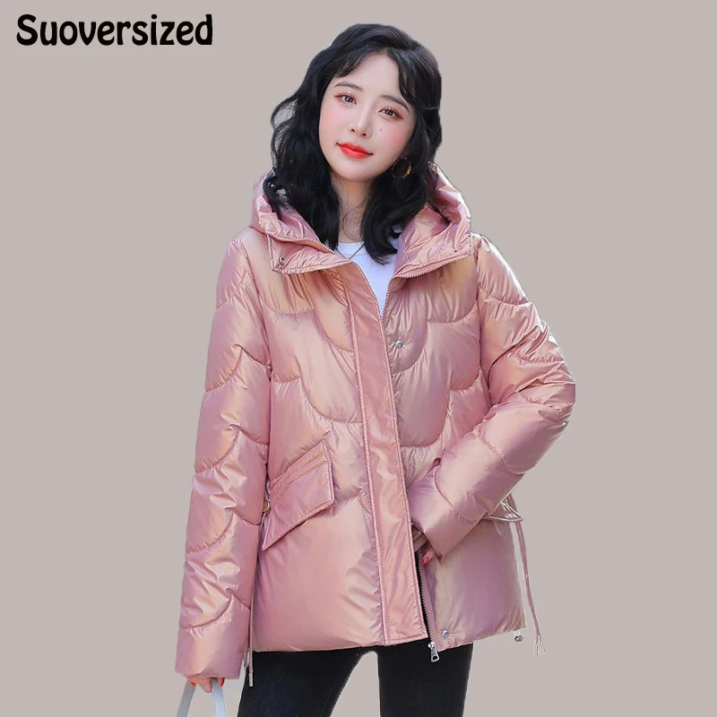 

Hooded Loose Cotton Padded Puffer Jacket Winter Warm Thicken Women Short Parkas Korean Glossy Long Sleeve Windproof Outwear