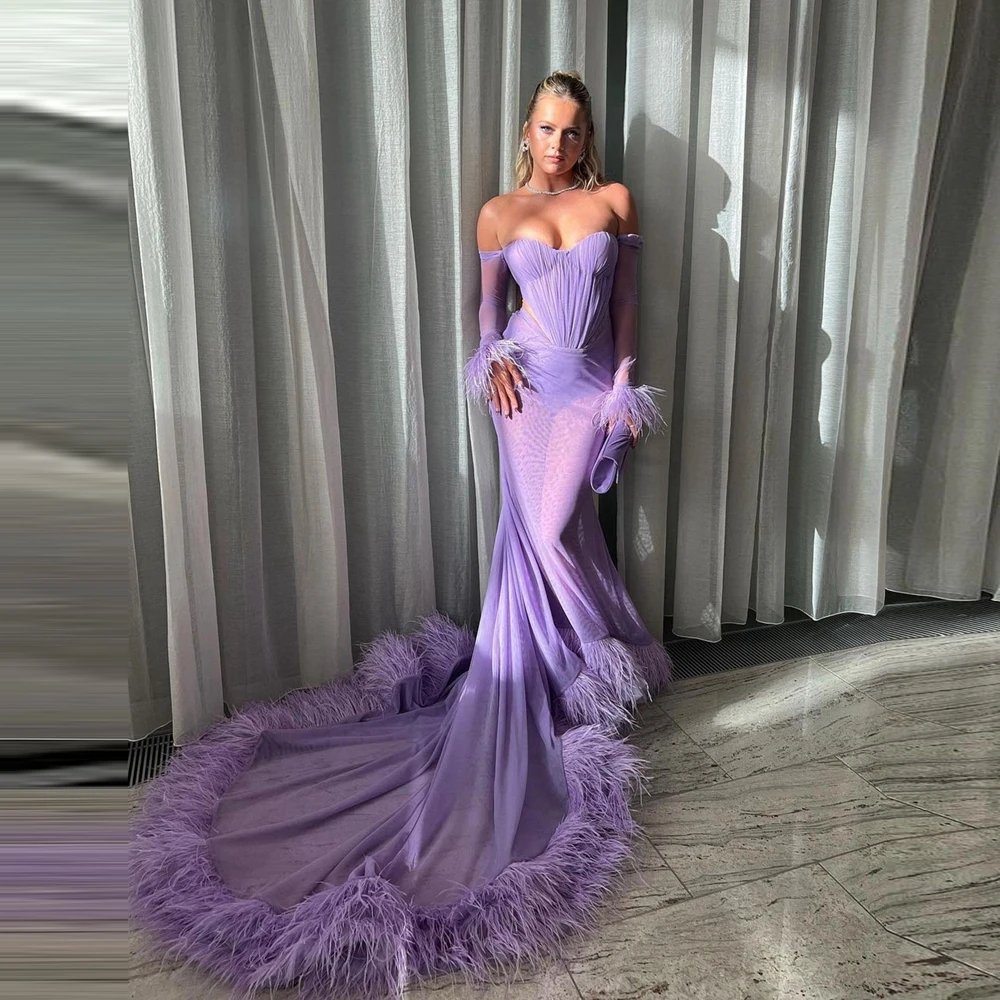 

See Thru Mesh Meramid Evening Dresses Luxury Feathers Edge Formal Party Dress Sexy Off The Shoulder Tulle Pageant Prom Gowns