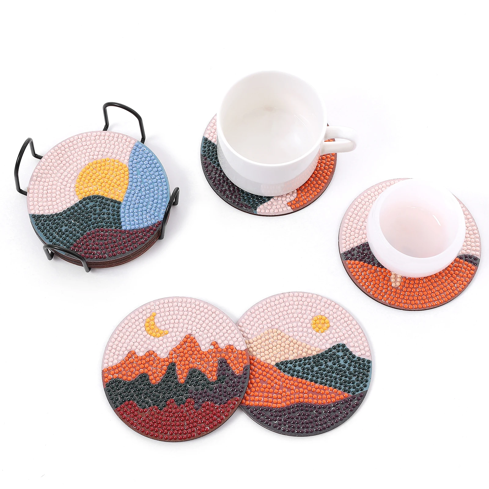 DIY Landscape Diamond Painting Coasters with Holder Anti Slip Wood Coasters Scenery Diamond Art for Adults 8pcs