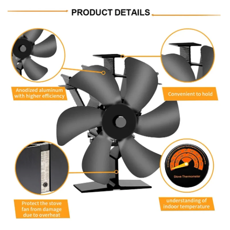 Stove Fan 6 Blades Heat Powered Fireplace Fan Log Wood Burner Eco-fan Heat Distribution