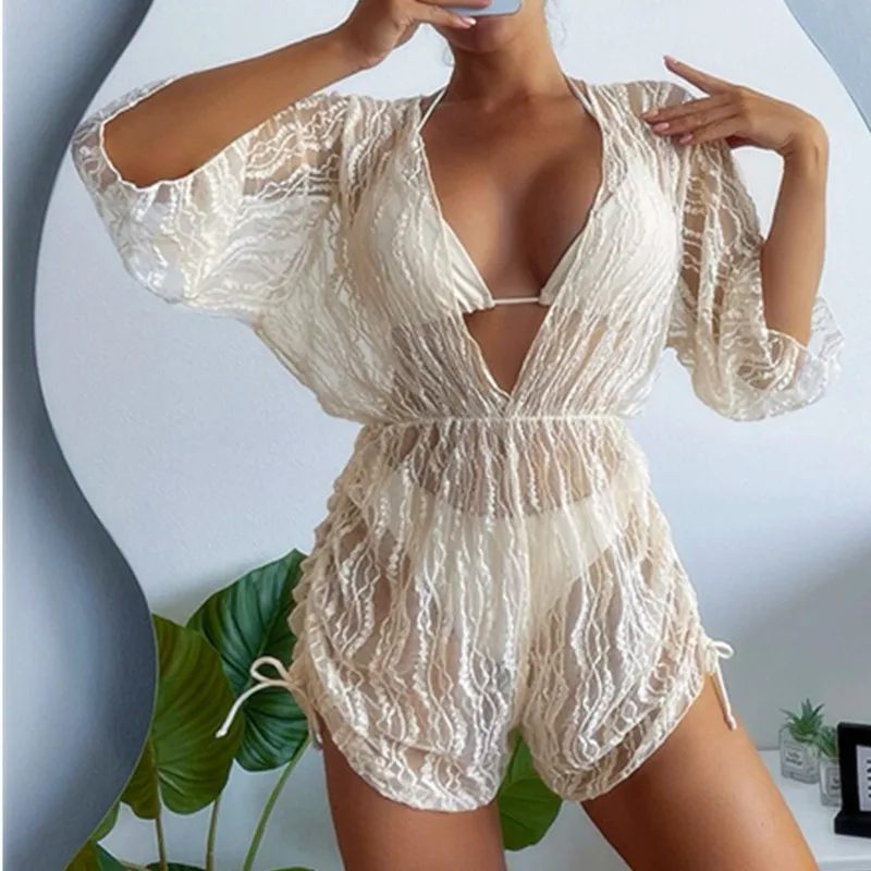 

Sexy long-sleeved net gauze corset one-piece swimsuit high waist drawstring European and American sunscreen three-piece bikini
