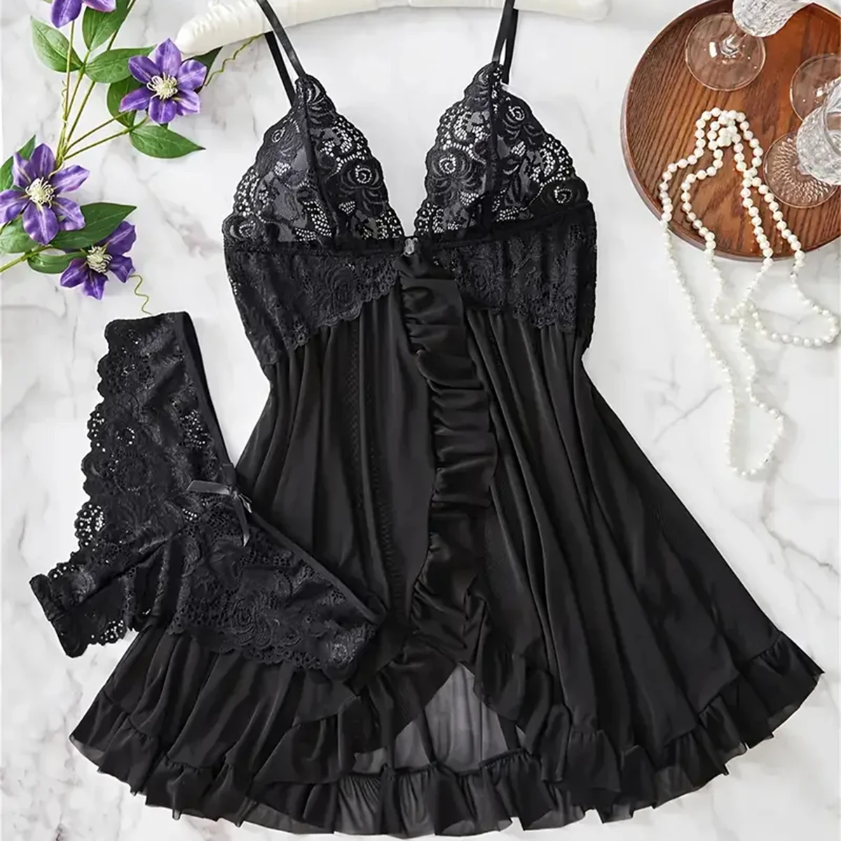 Blue Contrast Lace Ruffle Trim Lingerie Set Women's Nightdress See Through Deep V Mini Dress and Thong Nightgowns Underwear 5