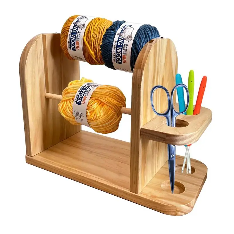 

Wooden Yarn Holder Double Revolving Wooden Yarn Dispenser for Crocheting Large Capacity Yarn Spindle Feeder with Side Organizer