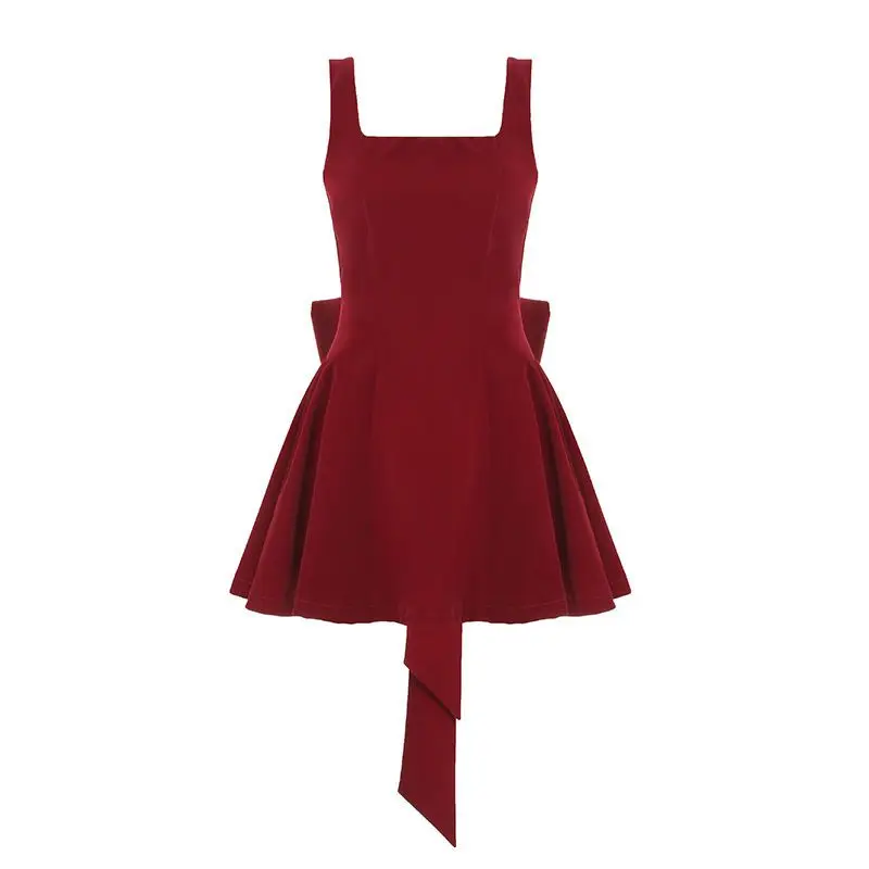 Robe mini rouge vintage française pour femme, style Lolita coréen, coupe ajustée, dos nu avec nœud, idéale pour les vacances
