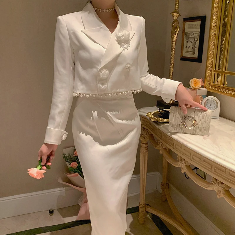 

2023 New Fashion Autumn Winter Women Long Sleeve Beading Pearls 3D Appliques Blazer Mid-calf Skirt Two Piece White Skirt Sets