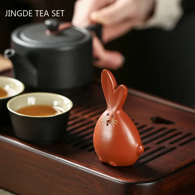 Cute Little Rabbit Sculpture Tea Pet Ornaments Purple Clay Tea Set Decoration Boutique Handmade Tea Figurine Decor Crafts