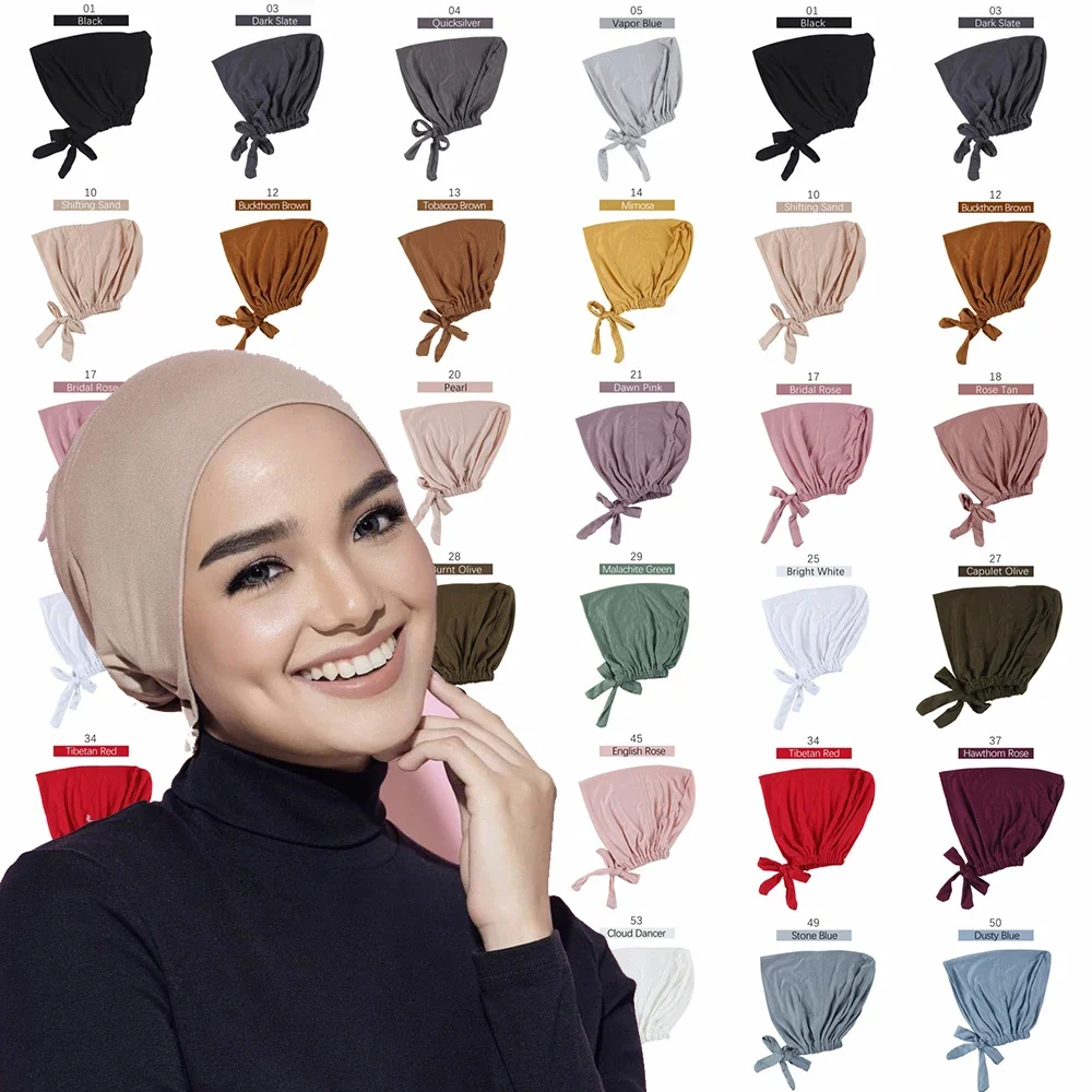 2021 full cover inner hijab caps muslim stretch turban cap islamic underscarf bonnet solid modal under scarf caps turbante mujer Modal Muslim Turban Hat Inner Hijab Caps Islamic Underscarf Bonnet India Hat Female Headwrap Turbante Mujer Hijab Cap with Rope