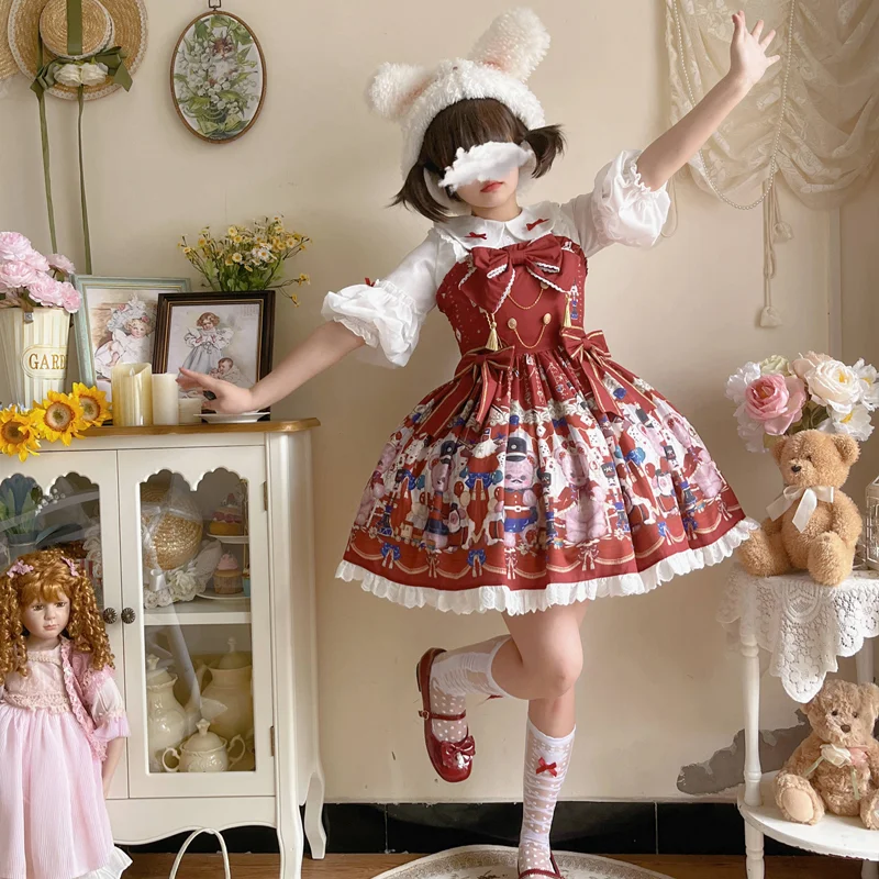 Lolita Jsk Dress Women Cute JSK Cartoon Bear Lace Bow Sleeveless Sweet Straps Dresses Girls Kawaii Princess Party Mini Vestidos