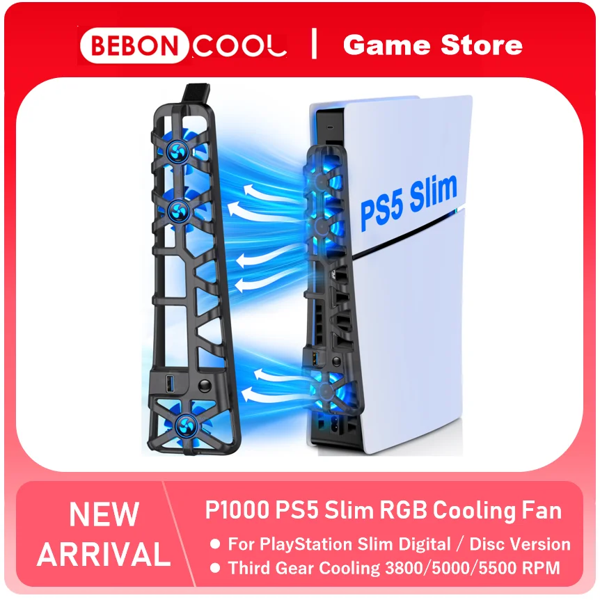 BEBONCOOL RGB 냉각 선풍기, PS5 슬림 디지털 및 디스크 버전용 임베디드 라디에이터, 플레이스테이션 5 슬림용, P1000