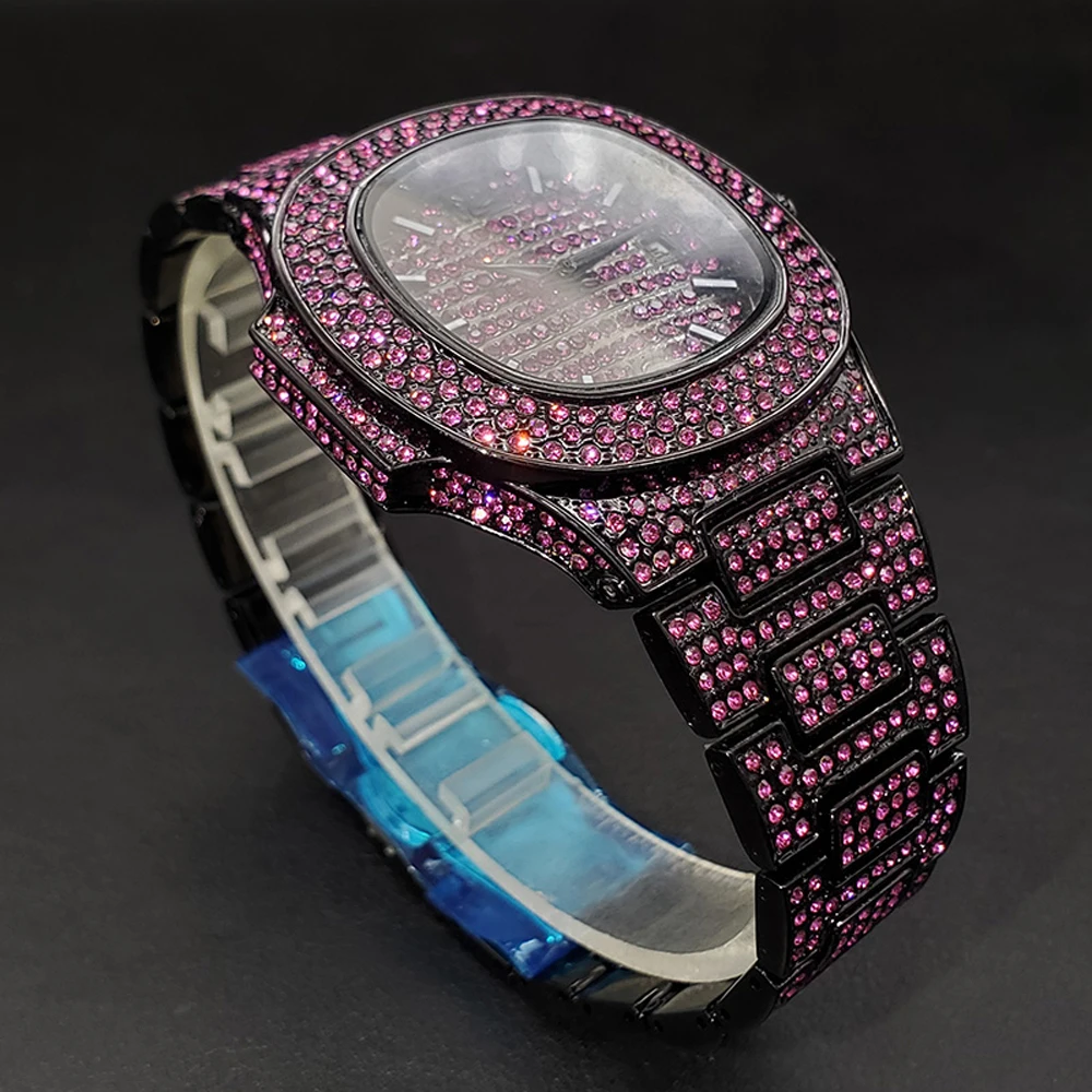 New Pink Diamond Hip Hop Watch For Men Fashion Ice Out Party