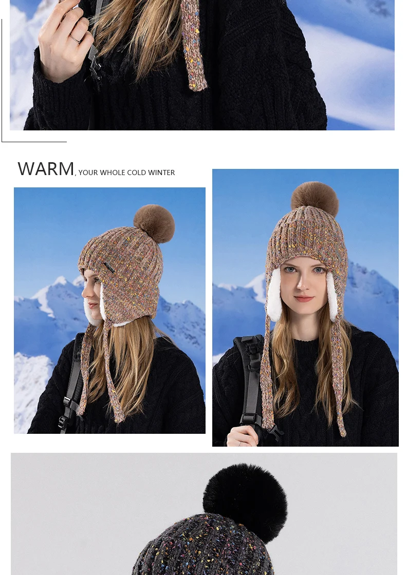 Gorros con orejeras para mujer, franjas de diferente Color, Sherpa Ski Snow, grueso, de felpa de punto, sombrero de bombardero con pompón grande_voghion.com