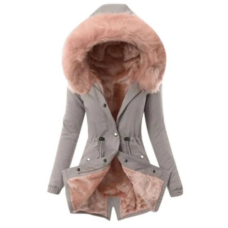 2023 Winter New Women Fur Collar Loose Solid Color Leisure Warm Cotton-Padded Clothes Female Mid-Length Fashion Hooded Parkas