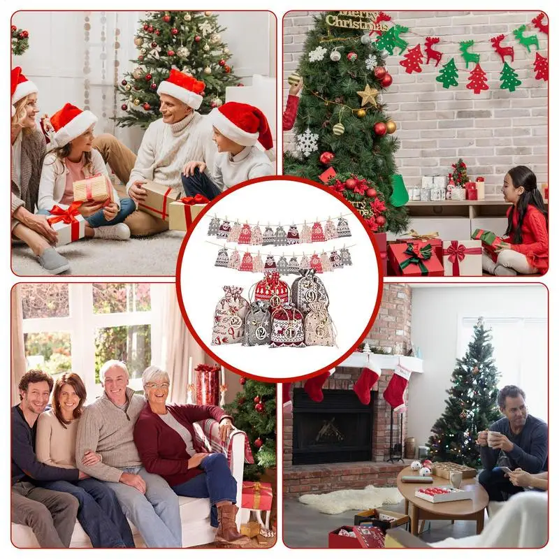 Christmas Advent Calendar Candy Bag 24 Days Countdown To Christmas Reusable Burlap Bags DIY Drawstring Gift Bags For Kids