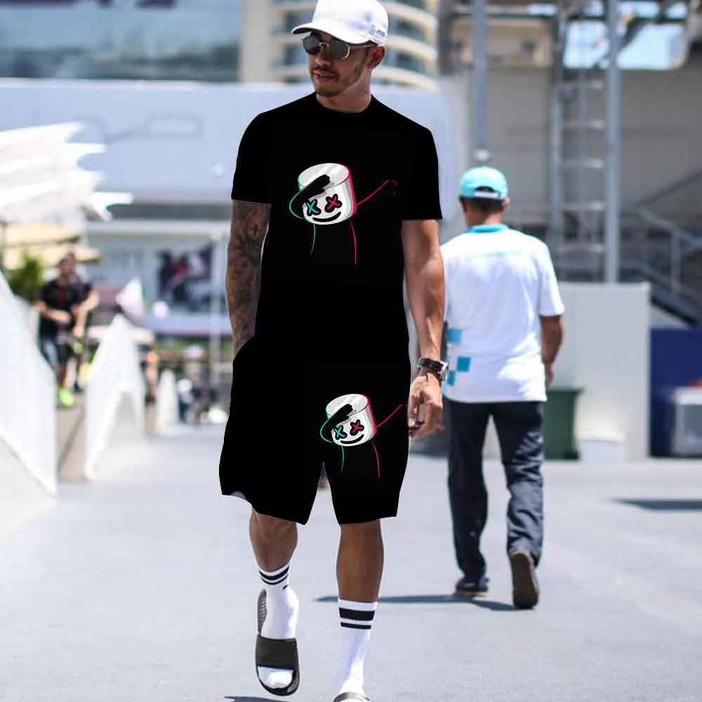 

Костюм из 2 предметов XO Graphic, повседневный Дышащий тканевый костюм, летняя крутая быстросохнущая Мужская футболка с коротким рукавом и шорты